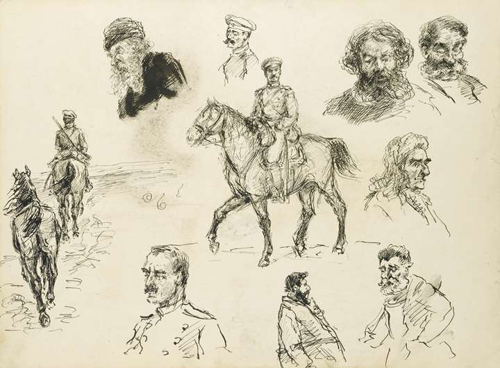 A Russian Cavalry Officer (recto) and Other Sketches of Various Characters (verso)